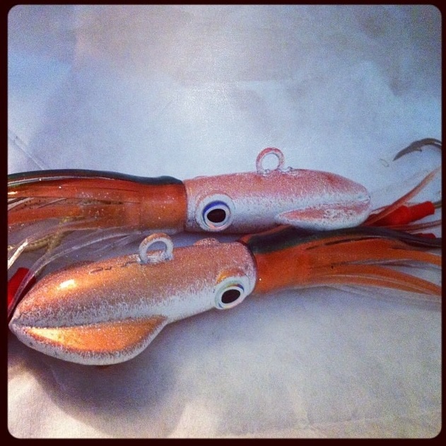 The live squid ling cod jig comes in 4,8,12, and 16 oz sizes. 